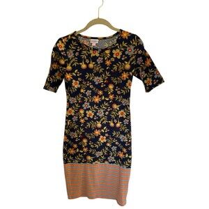 LuLaRoe Woman's Navy Orange Floral Striped JULIA Pencil Short Sleeve Dress Sz XS